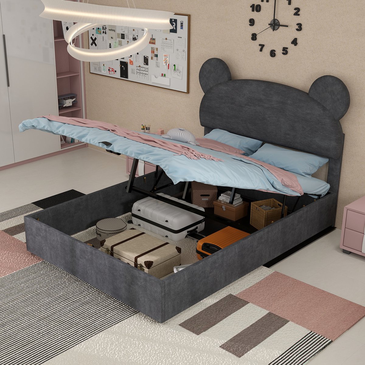 REDOM Gestoffeerd bed 140x200 cm – Cartoonvormig hoofdbord met gasveer opbergruimte – Grijs
