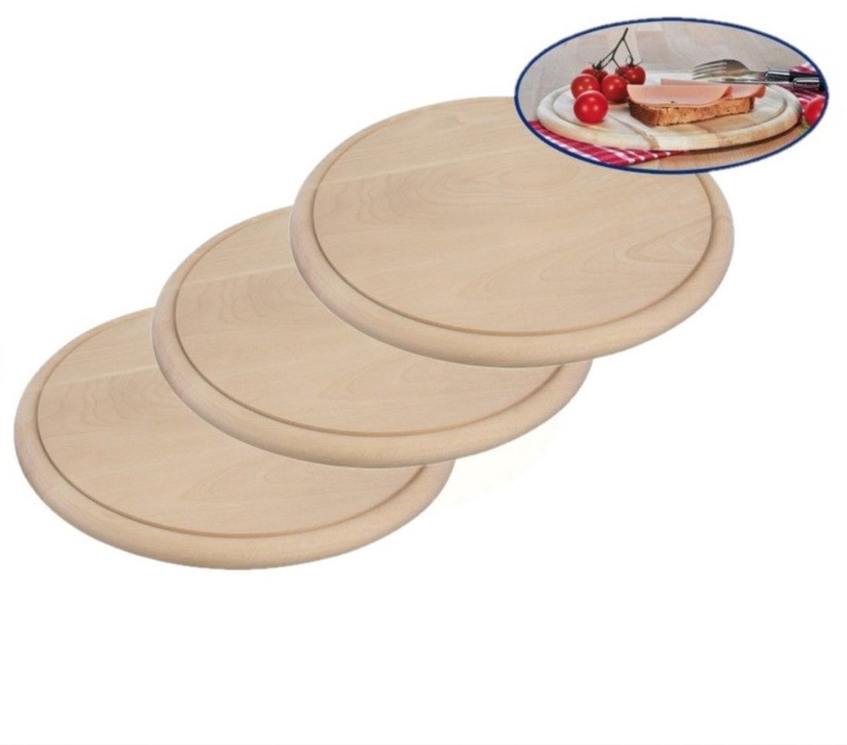 HI Serveer plank - 3x - rond - 28 cm - hout - ham plankje - broodplank - hapjes serveerplanken