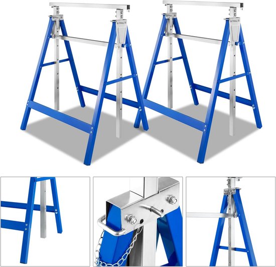 Sonnewelt Set van 2 werkbokken, steigers stabiel tot 200 kg, werkbok, in hoogte verstelbaar, 7-vaks, 80-130 cm, inklapbare steunbok, blauw-zilver