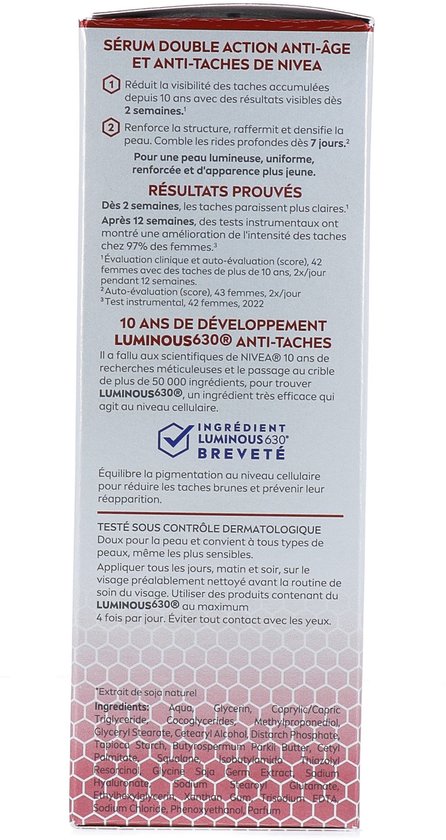 Achterkant van Nivea Luminous630 anti-spot verpakking met resultaten en ingrediënten.