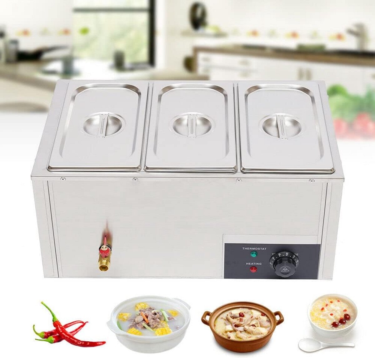Elektrische Bain Marie Set met 3 RVS Waterbakken – 850W Warmhoudapparaat voor Buffet