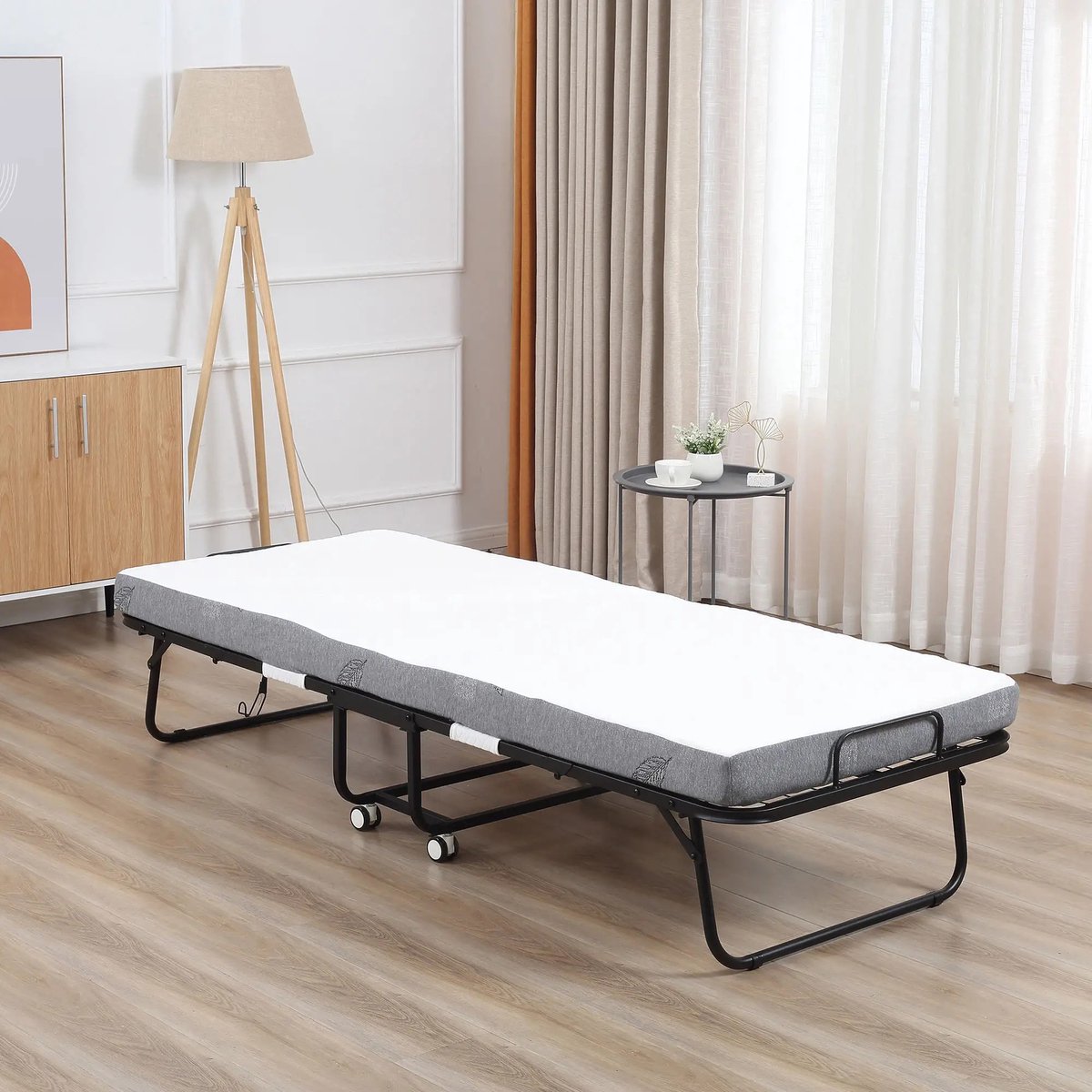 MODFU Opklapbed 200x80 cm van staal, met wielen en schuimmatras, wit