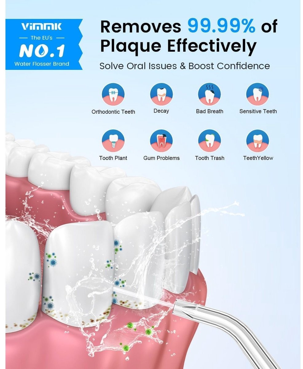 Waterflosser-Monddouche-Draagbare Mondirrigator-Tandirrigator met 8 Nozzles en 5 Standen-Waterdicht 300ML USB-C Oplaadbaar -WIT. thumbnail 3
