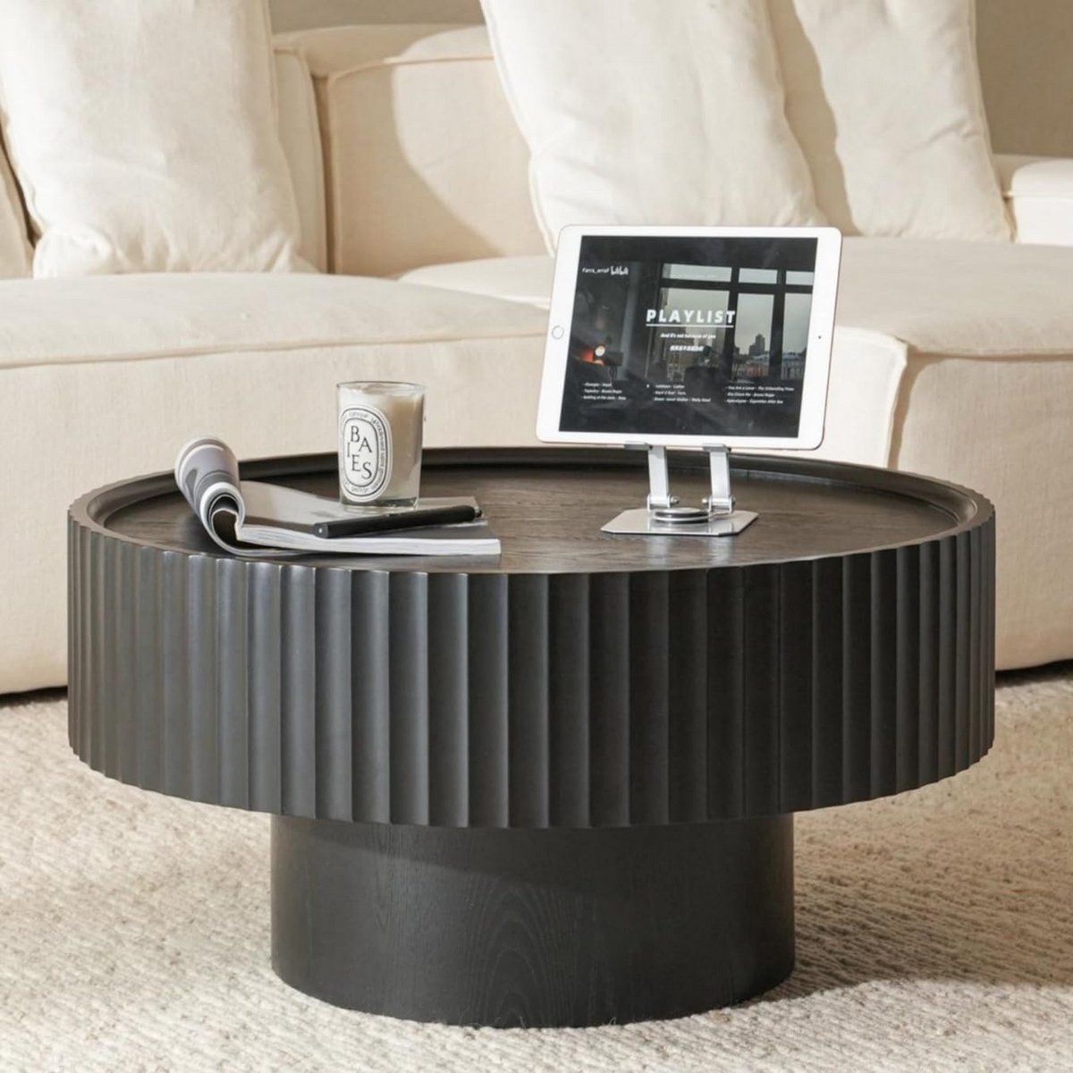 Ronde Houten Salontafel met Geribbeld Design - Paddenstoelvormige Woonkamertafel