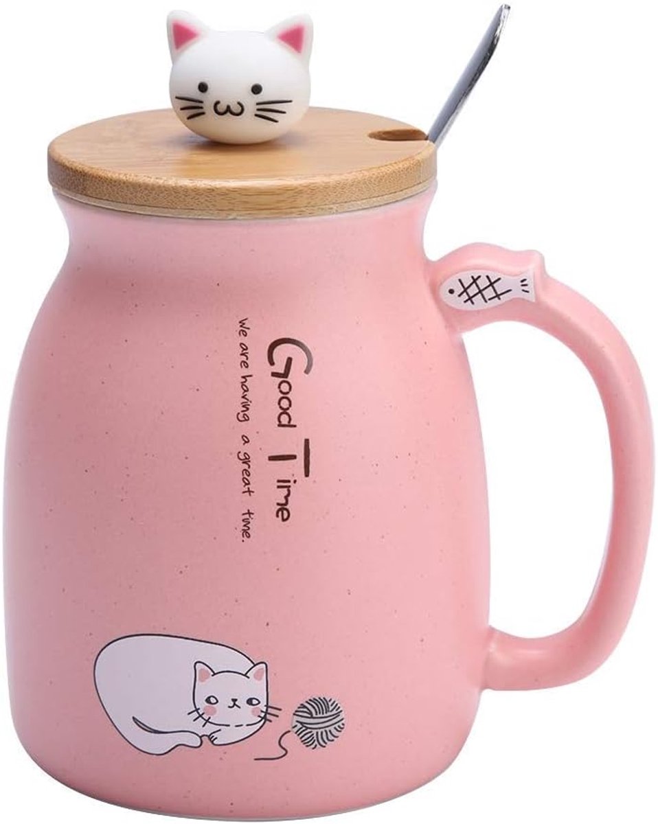 Keramische Mok met Kattenprint, Lepel en Deksel - 420ml