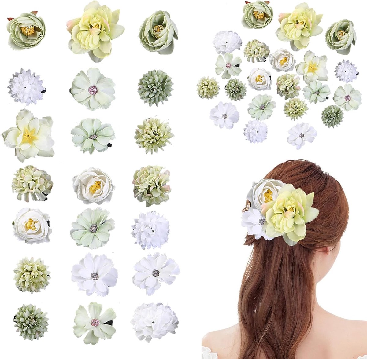 Set van 21 Haarspeldjes met Bloemen in Groen en Wit voor Feest en Bruiloft
