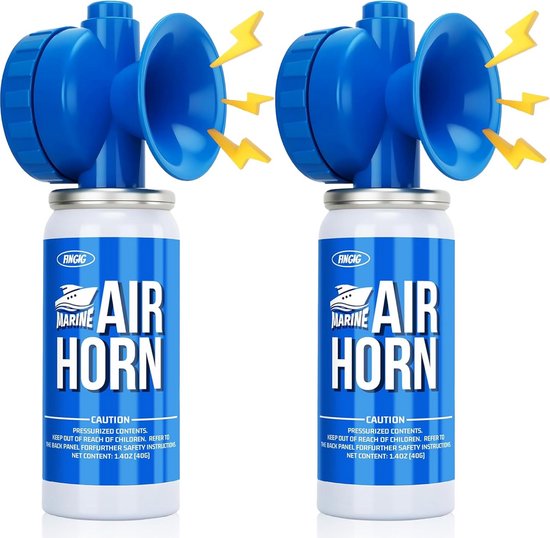 Twee blauwe marine luchthoorns op witte blikjes met tekst "AIR HORN".