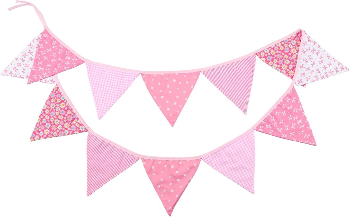 Stoffen vlaggenlijn voor bruiloft en feestdecoratie, in bloemenprint, 3,3 meter met 12 roze wimpels