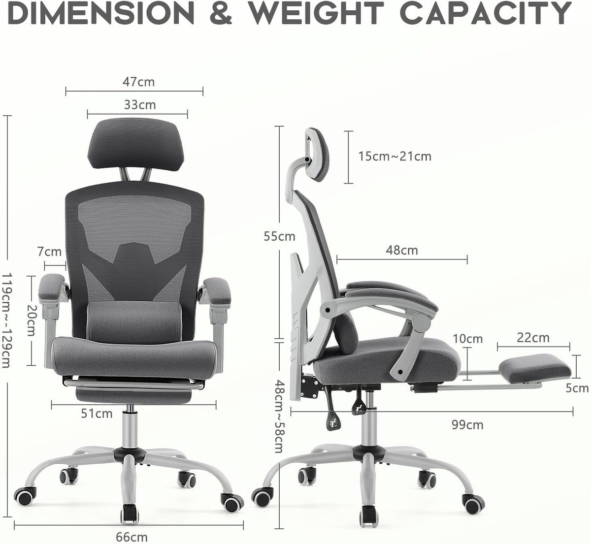 Ergonomische bureaustoel Casa Velluto ComfortPro – Thuiswerkstoel met Lendensteun, Voetsteun, Verstelbare Hoofdsteun en 360° Draaibare Wielen – Kantoor- en Studiekamerstoel – Grijs Mesh & Traagschuim