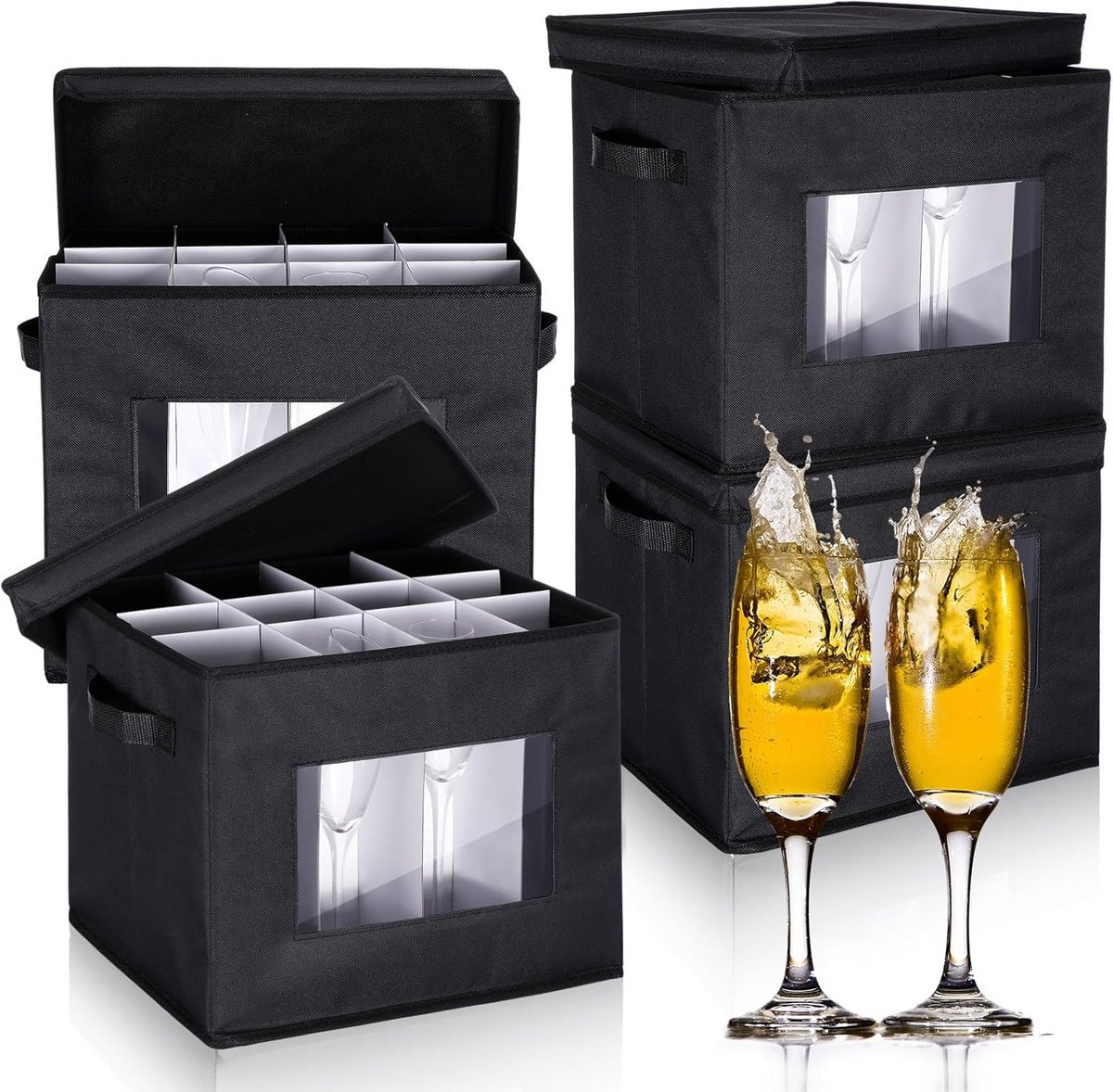 4x Wijnglas Opbergdozen met 12 Vakken - Stevige Stemware Opbergkoffer met Deksel & Handvat
