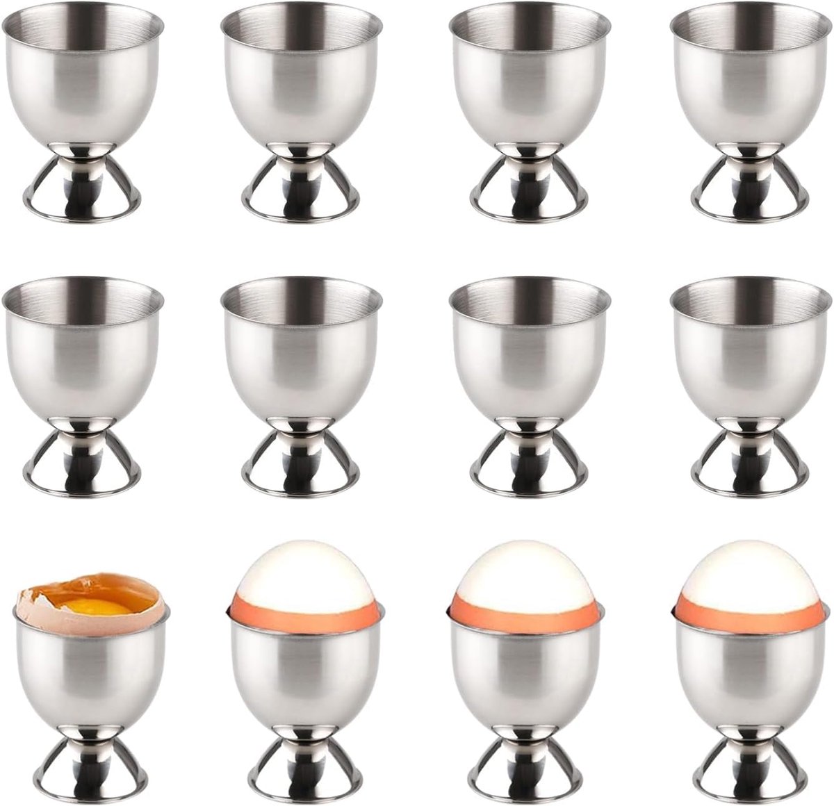 Set van 12 Stapelbare Eierdopjes van Roestvrij Staal voor Ontbijtserveren