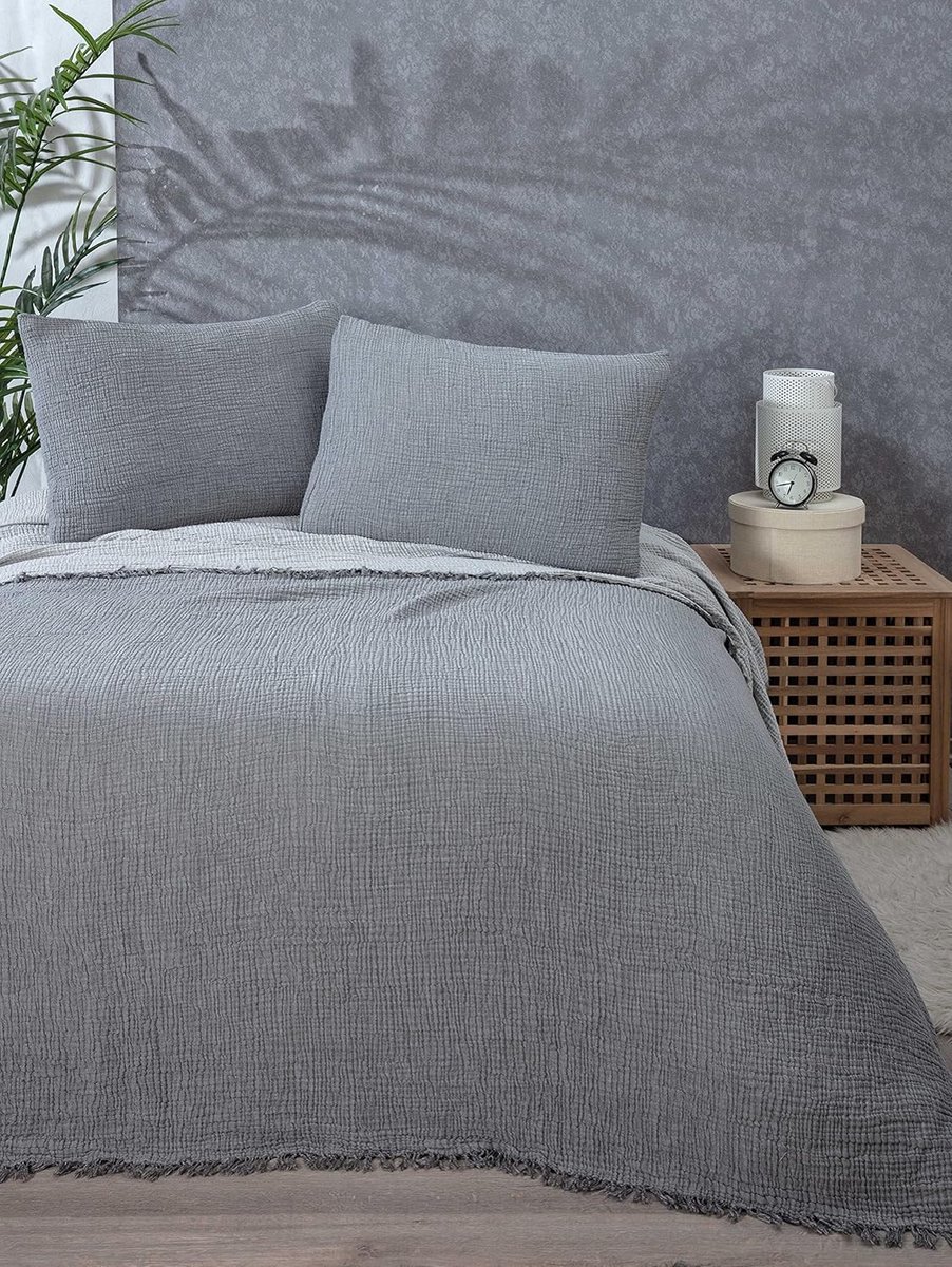 Zachte Gelaagde Katoenen Muslin Sprei 230x240cm Antracietgrijs