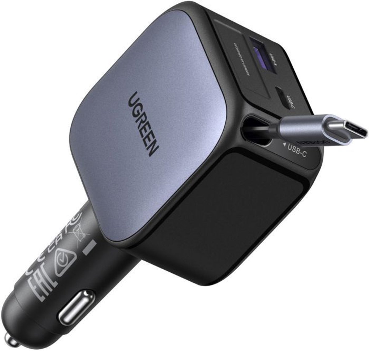 UGREEN 3-in-1 autolader sigarettenaansteker 90W met intrekbare USB-C kabel 60W snel opladen voor iPhone, MacBook, Galaxy - Afbeelding 2