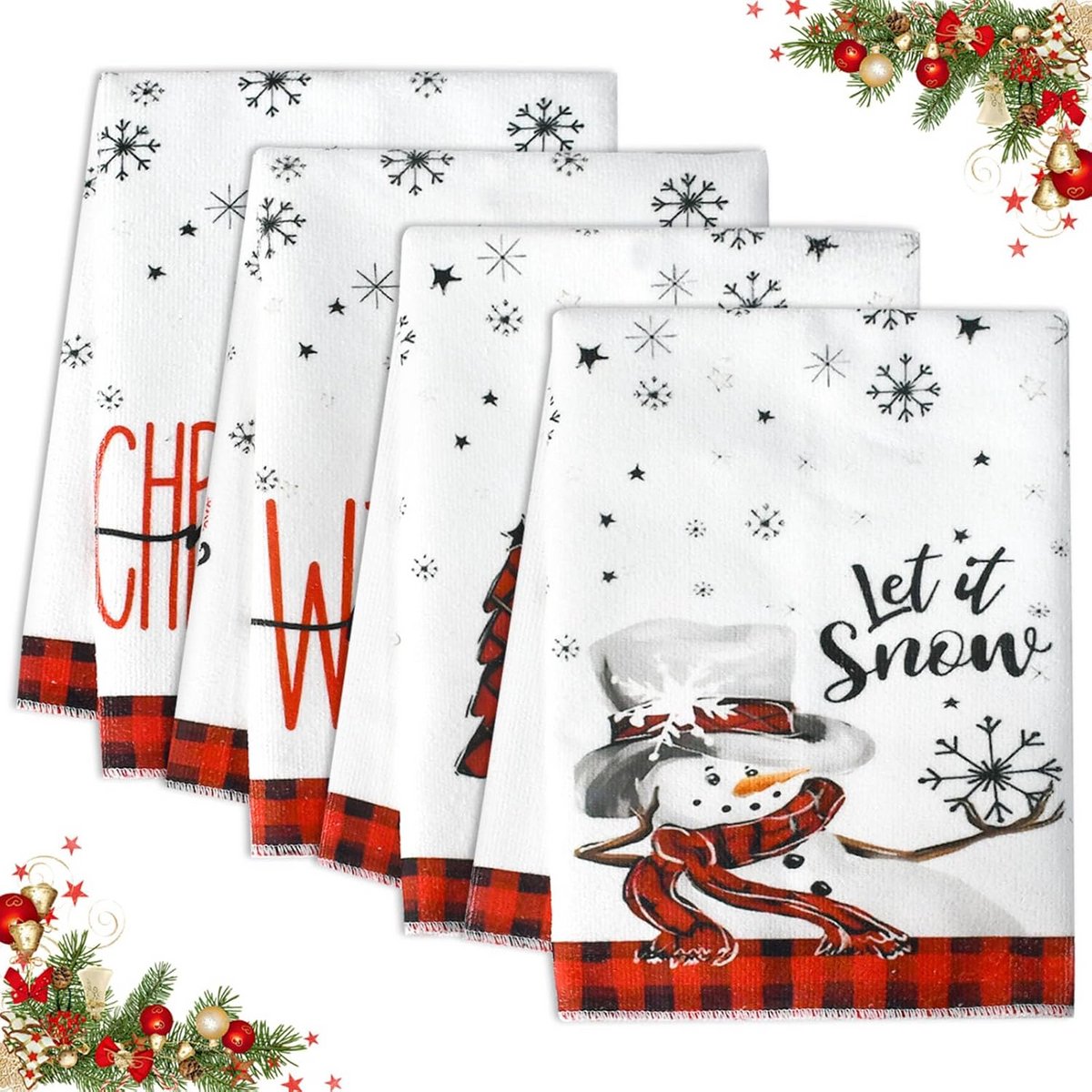 Set van 4 Theedoeken Kerst - Keukendoeken met Sneeuwpop & Kerstboom - 60x40 cm Microvezel