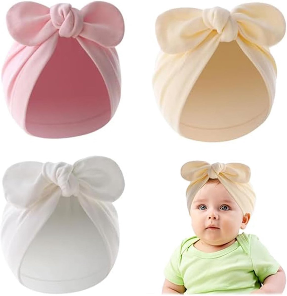3-Pack Katoenen Babymutsjes met Knoop en Strik voor Newborns en Peuters