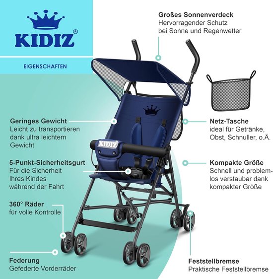 Opvouwbare Kinderbuggy met 360° Draaibare Wielen en Zon- en Regenkap van Merkloos — afbeelding 5