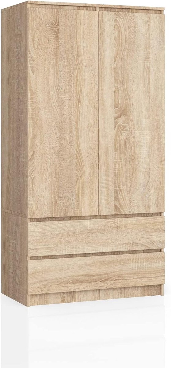 Kledingkast 2-deurs Casa Velluto Eleganza – 180 cm Hoog, 90 cm Breed, 51 cm Diep – Moderne Slaapkamerkast met 2 Laden, 4 Verstelbare Planken en Hanggedeelte – Sonoma Eik Finish – Multifunctioneel voor Slaapkamer, Hal en Woonkamer