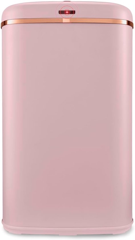 Close-up van een roze stalen prullenbak met een rosé gouden rand en rode sensor.