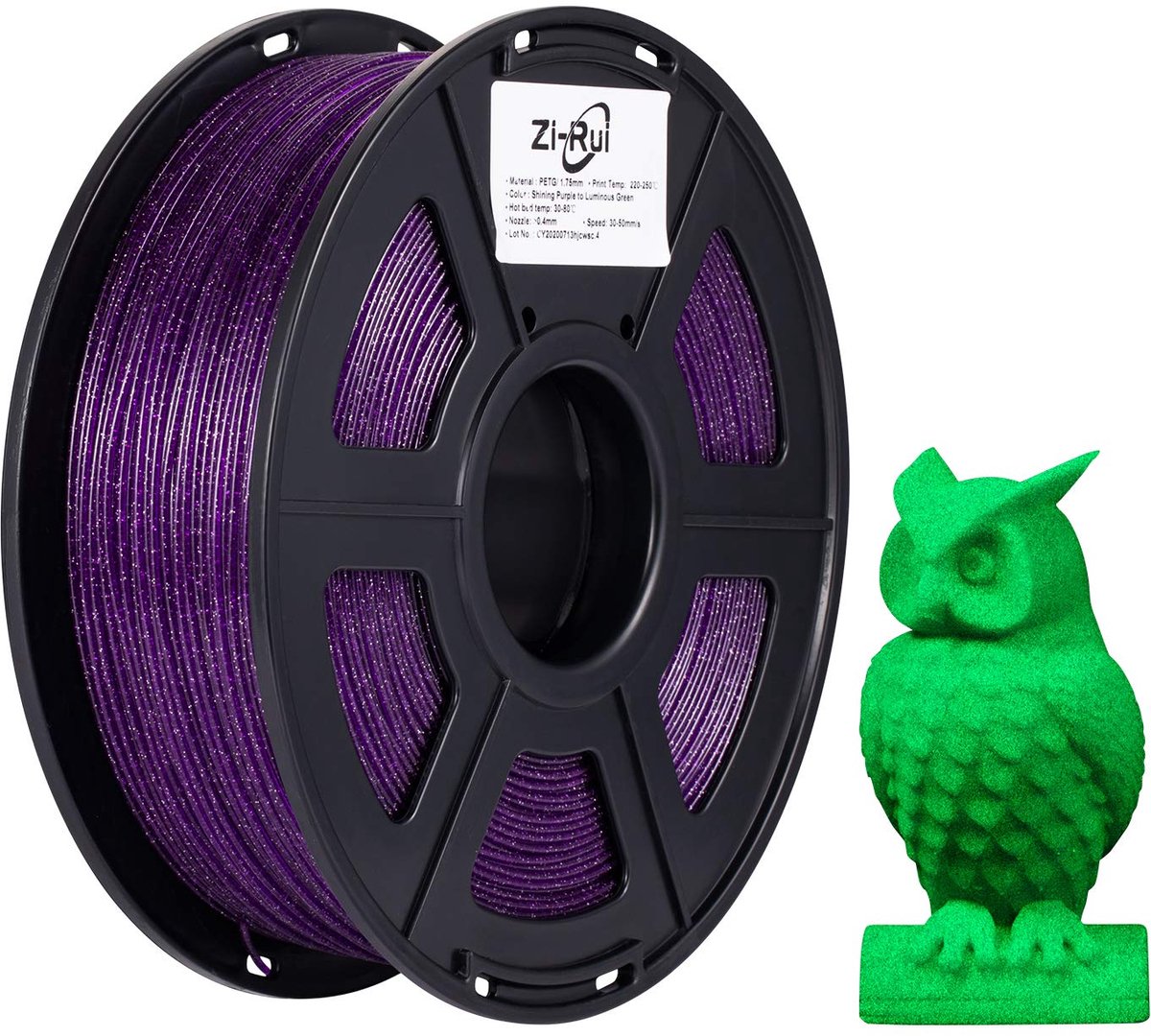 3D Printer Filament 1.75mm PETG - Glitter Paars & Lichtgevend Groen (2 in 1)