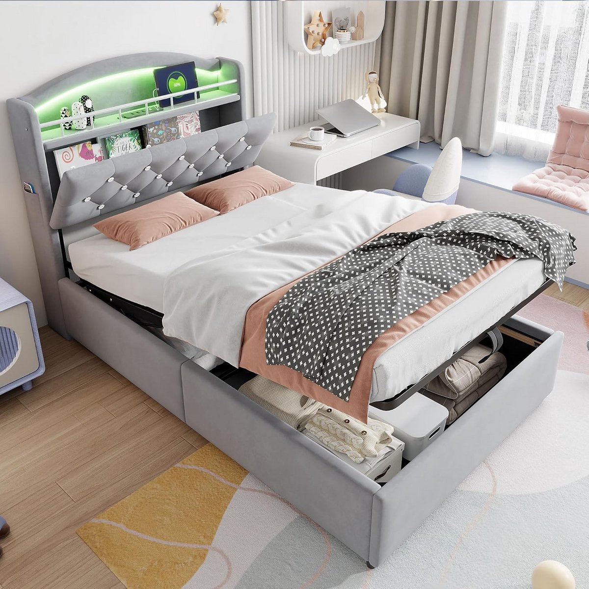 Gestoffeerd Eenpersoonsbed met Opberglade en LED Verlichting, 90x200 cm Grijs