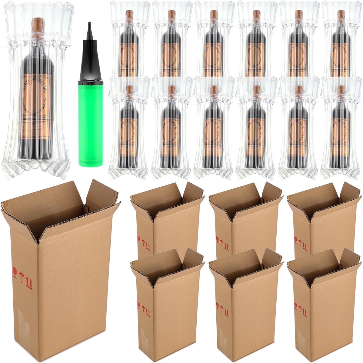 Set van 6 Opblaasbare Wijnfles Beschermhoezen met Verzenddozen