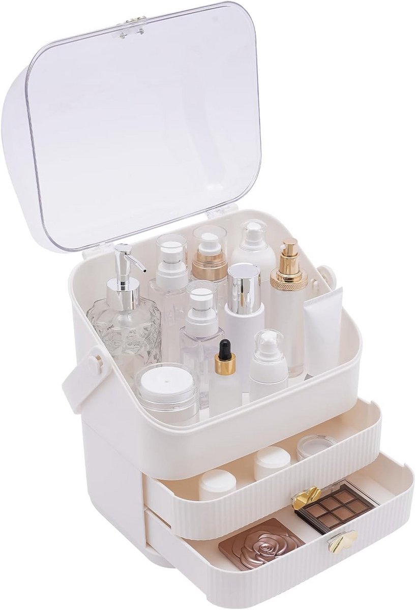 Draagbare Make-up Organizer met Stofdicht Deksel en Laden - Cosmetica Opbergsysteem
