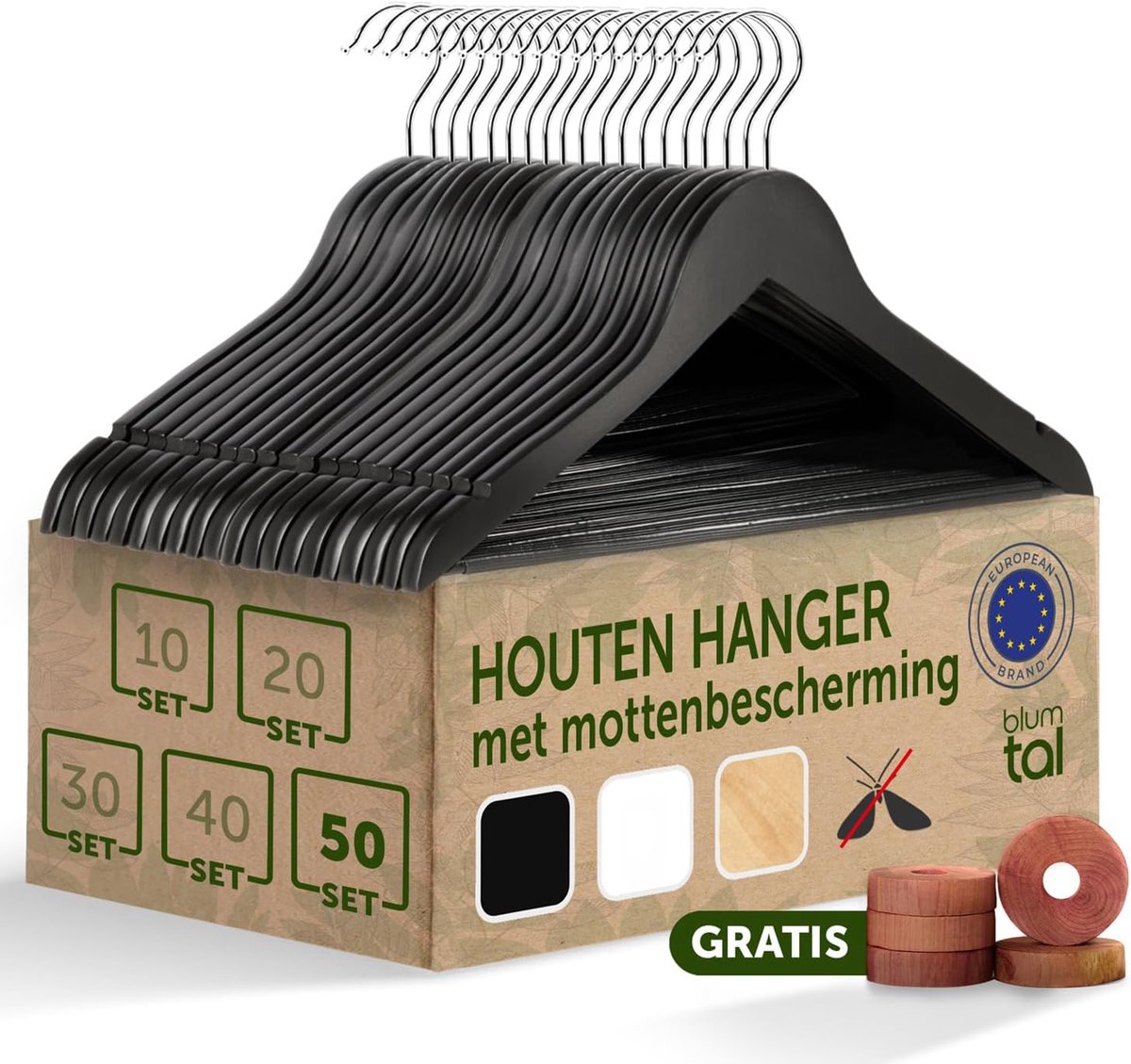 Set van 50 Houten Kledinghangers – Stevig, Zwart, met Broekstang en Haken