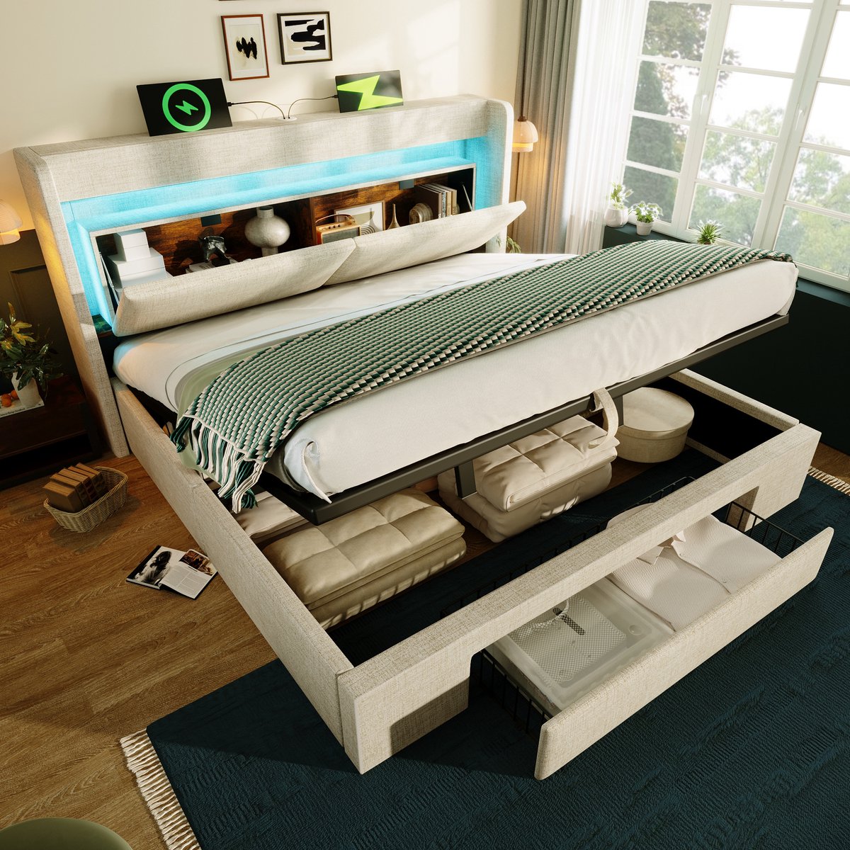 MIVRAY Gestoffeerd Bed 180x200cm Zonder Matras - Met Hydraulische Opbergruimte En Lade - Met LED Licht En USB Aansluiting - Linnen - Beige