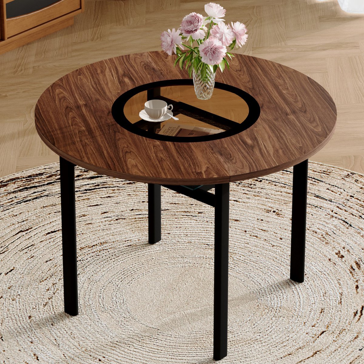 HAUSS SPOLE Eettafel Rond - Minimalistisch Met Glas Inleg En Opbergplank - Voor Eetkamer W