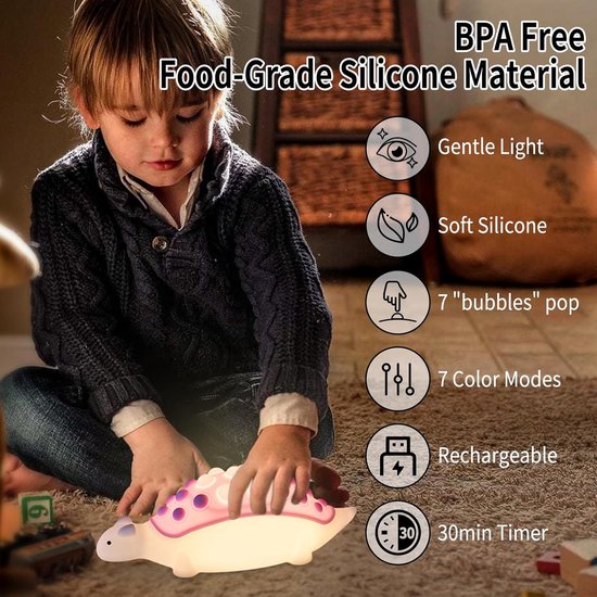 Dino Nachtlampje voor Kinderen - Silicone Pop Bubble Lamp met 7 Nachtlicht Modus - Oplaadbare Touch Lamp voor Babykamers van Dino. — afbeelding 3