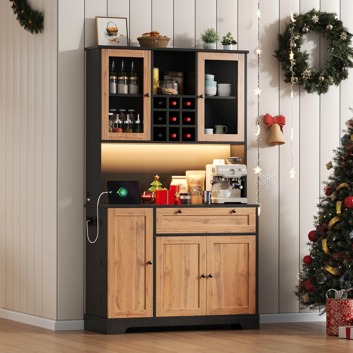 Wishdor Keukenkast - Buffetkast Met Deuren En Lade - Ledverlichting Met Kleurwissel - Stopcontact Met Usb - Mdf - Zwart En Naturel - 180 X 105 X 40 Cm