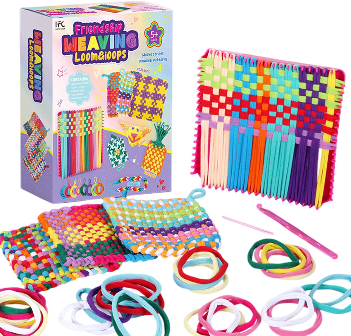 Topmelon Weefgetouw Kinderspeelgoed - Onderzetters Weefset - Loom Speelgoed meisjes en jongens - Montessori speelgoed rosa