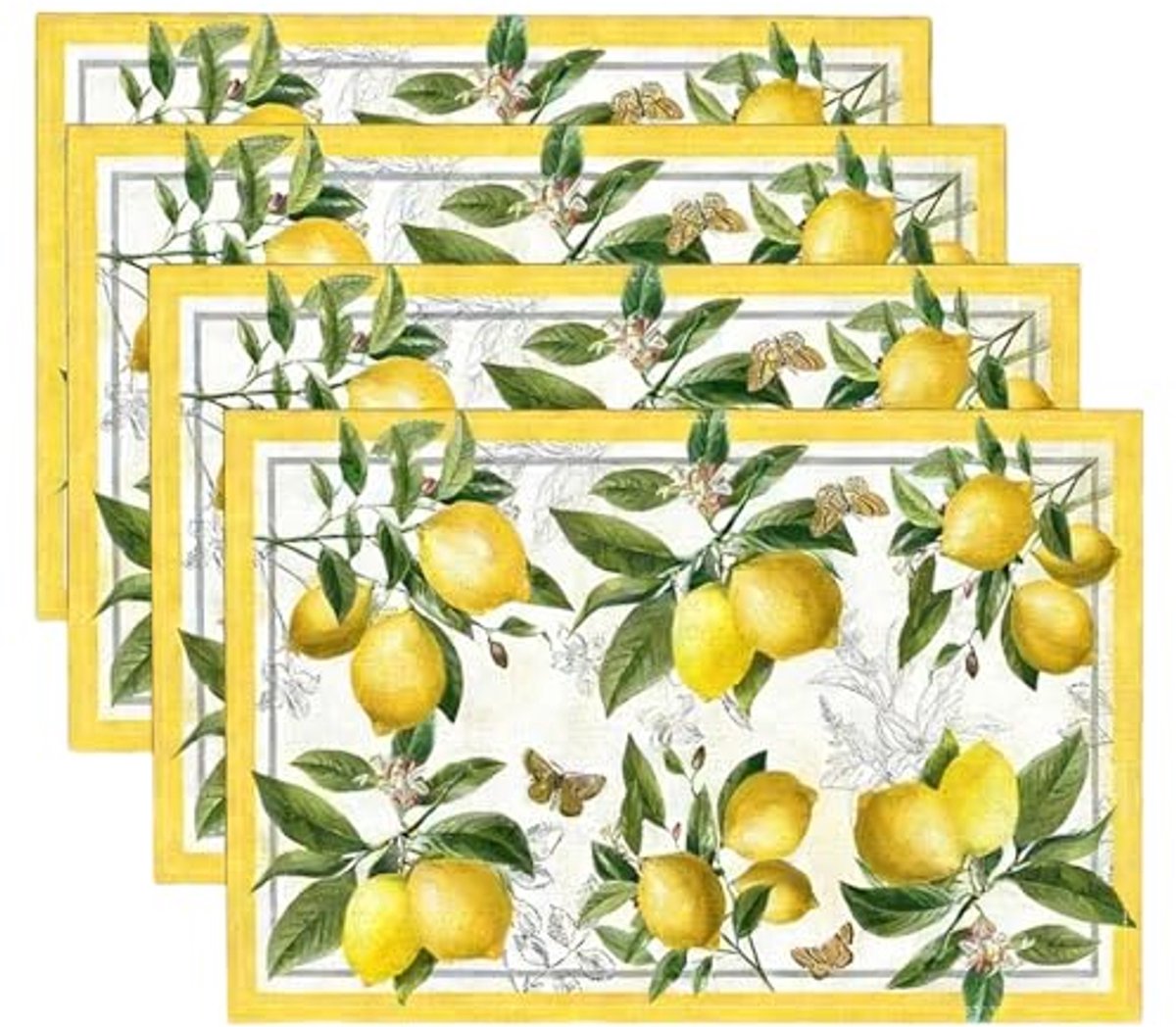 Ultiluxe® Placemats - 4 Stuks - Tafelmatten - Linnen Placemat - 30 x 45 cm - Wasbaar Materiaal - Citroen Vlinder Print - Geel/Groen