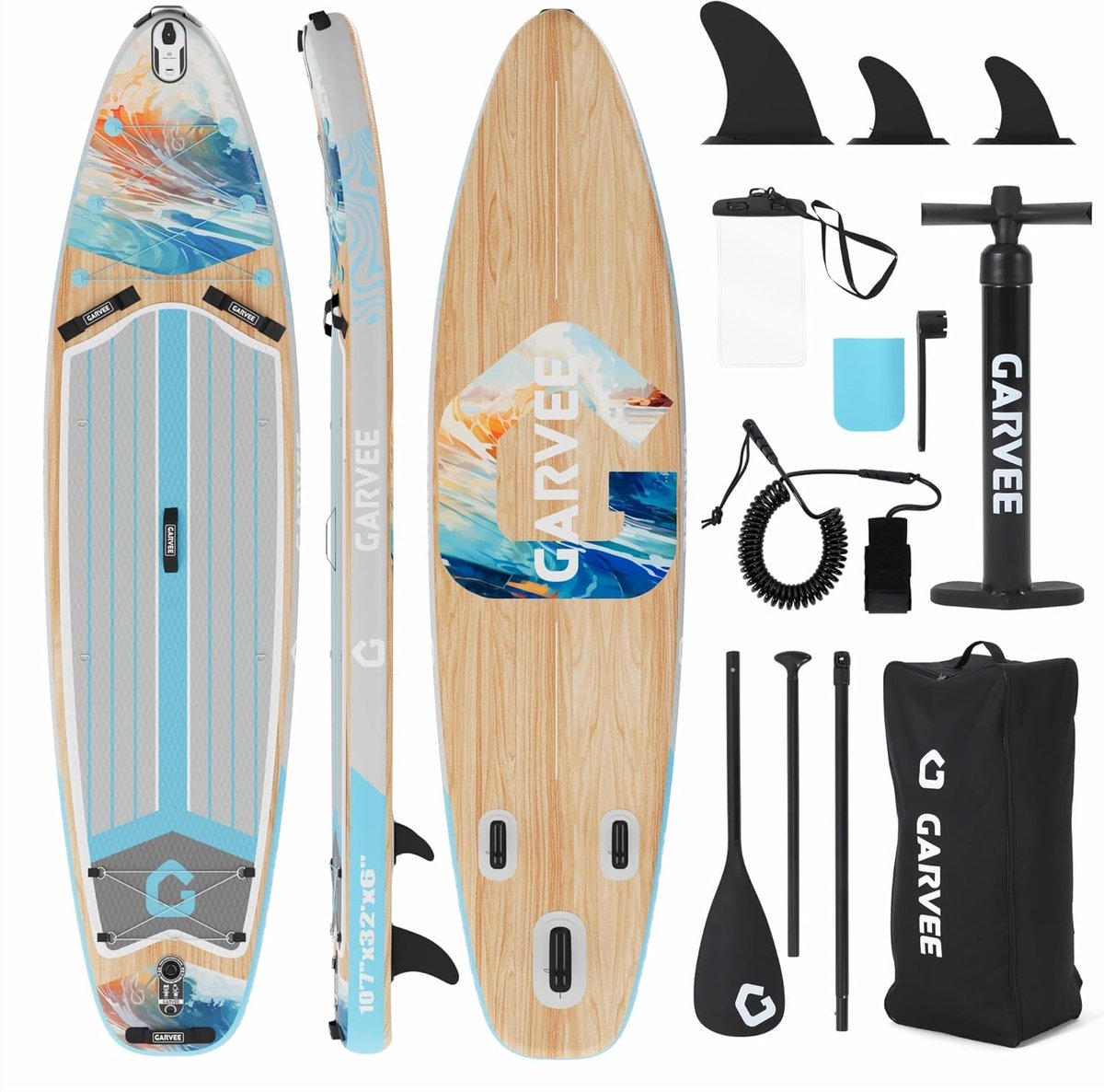 Luxe Opblaasbaar SUP Board - Houtlook Design - 200kg Draagvermogen - Extra Stabiel Stand Up Paddle Board - 2 Personen - 335×86×15 cm - Complete Set met Pomp, Peddel & Rugzak