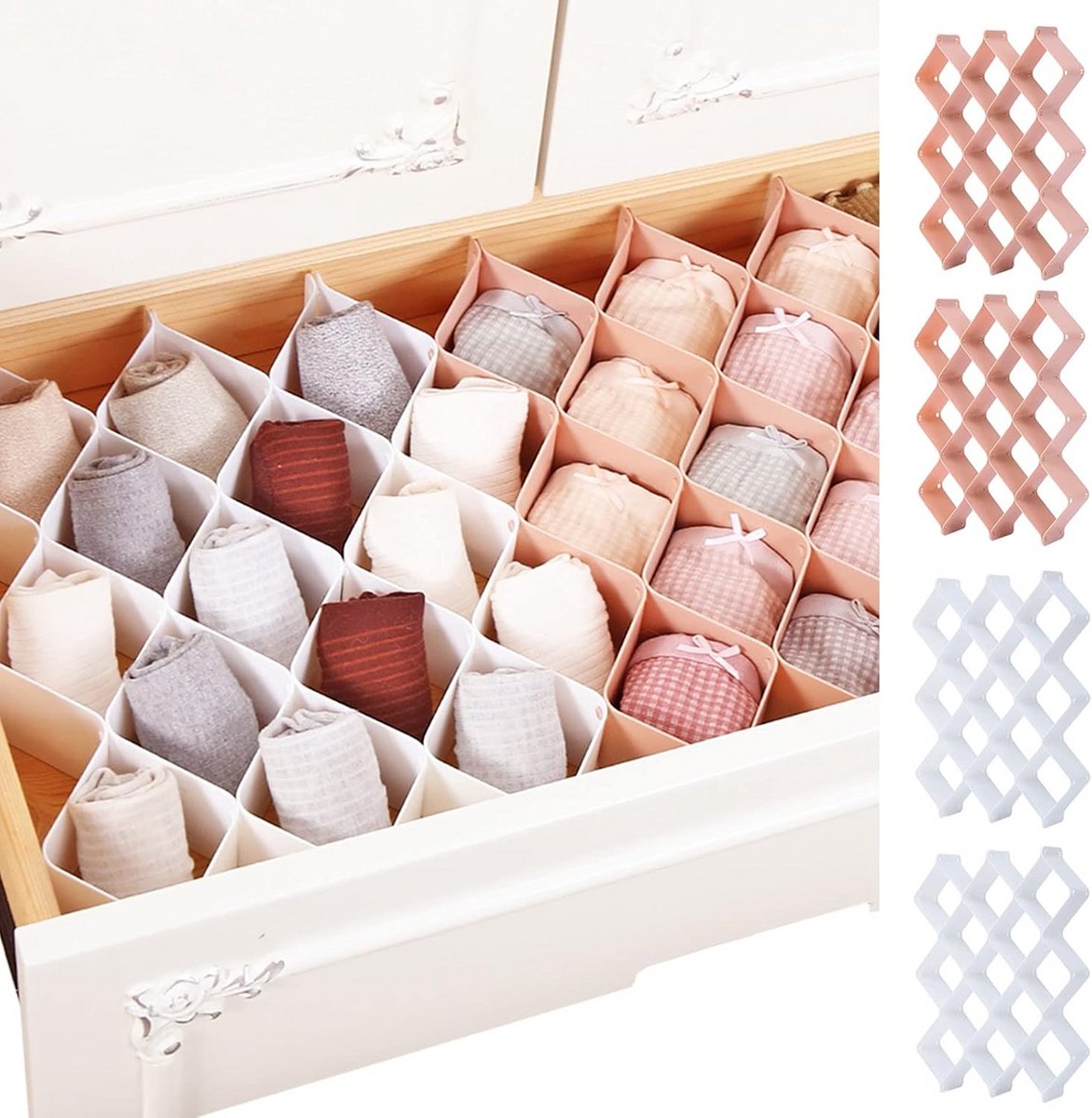 Sokkenlade organizer voor dressoir met honingraat ondergoedverdelers - 12 roze en 12 witte