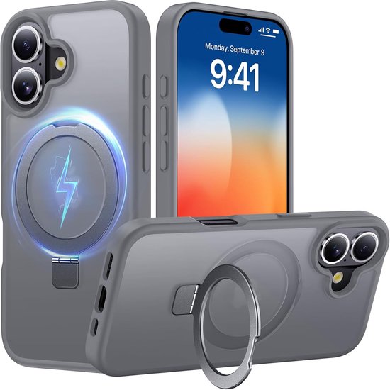 Grijze MagSafe hoes met ringstandaard, voor iPhone 17. Toont de telefoon met een magneet en een oplaadicoon.