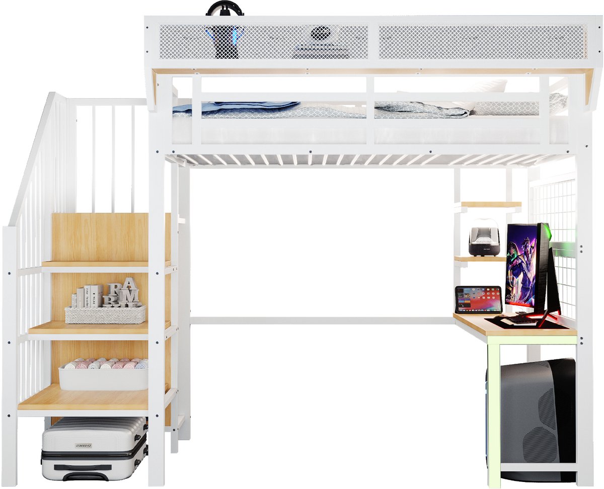HAUSS SPOLE Metalen Hoogslaper 90x200cm - Met Bureau, Open Rekken En Opbergnetten - Met Ledverlichting En Stopcontact - Met Opbergladder - Zonder matras - Metaal En MDF - Wit