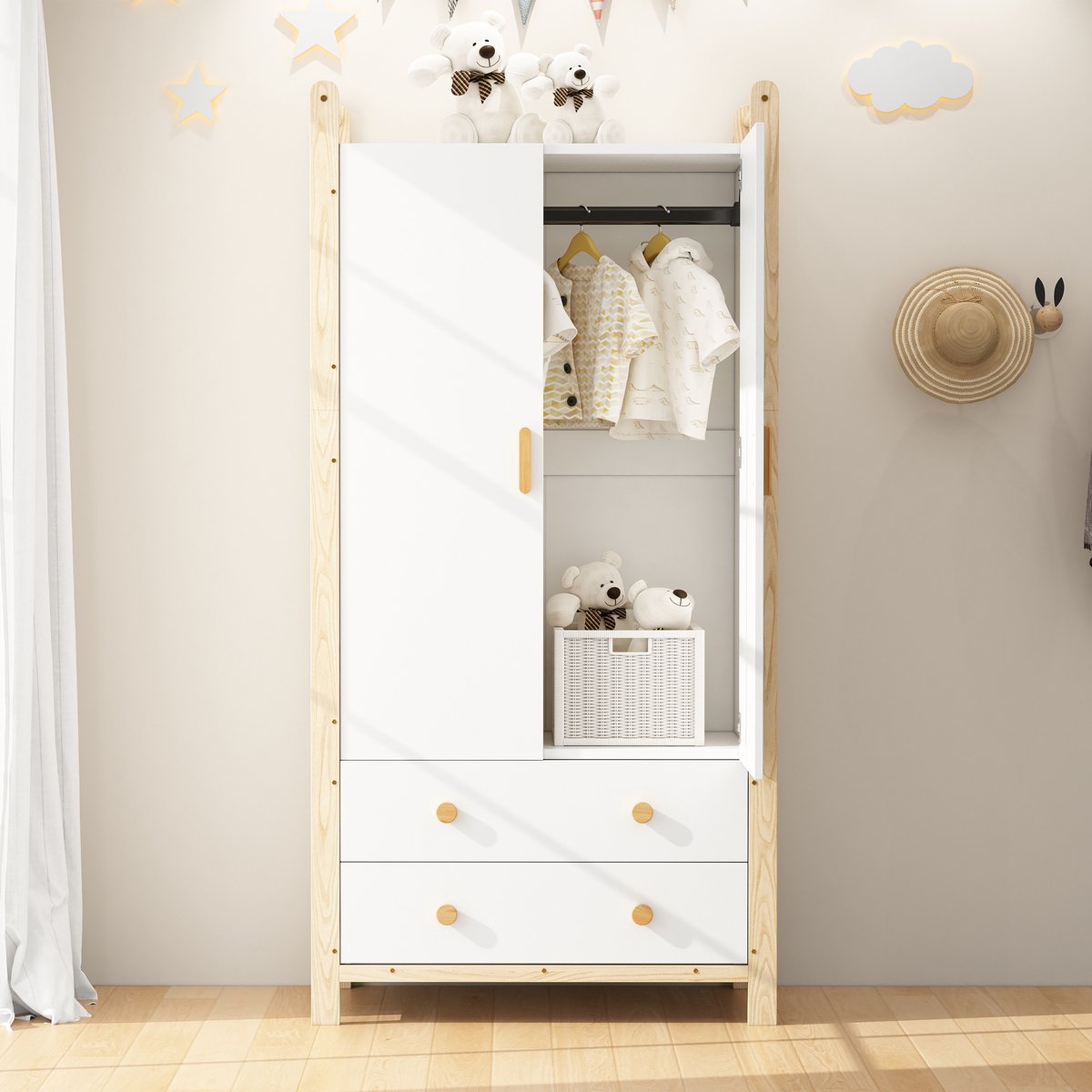 Kledingkast - 90x45x180 cm - 2 Deuren met Roede en 2 Lades - Spaanplaat en Grenen - Wit