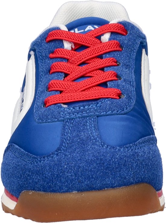Vooraanzicht van kobaltblauwe Replay sneaker met rode veters, witte kraag en witte "REPLAY" details.