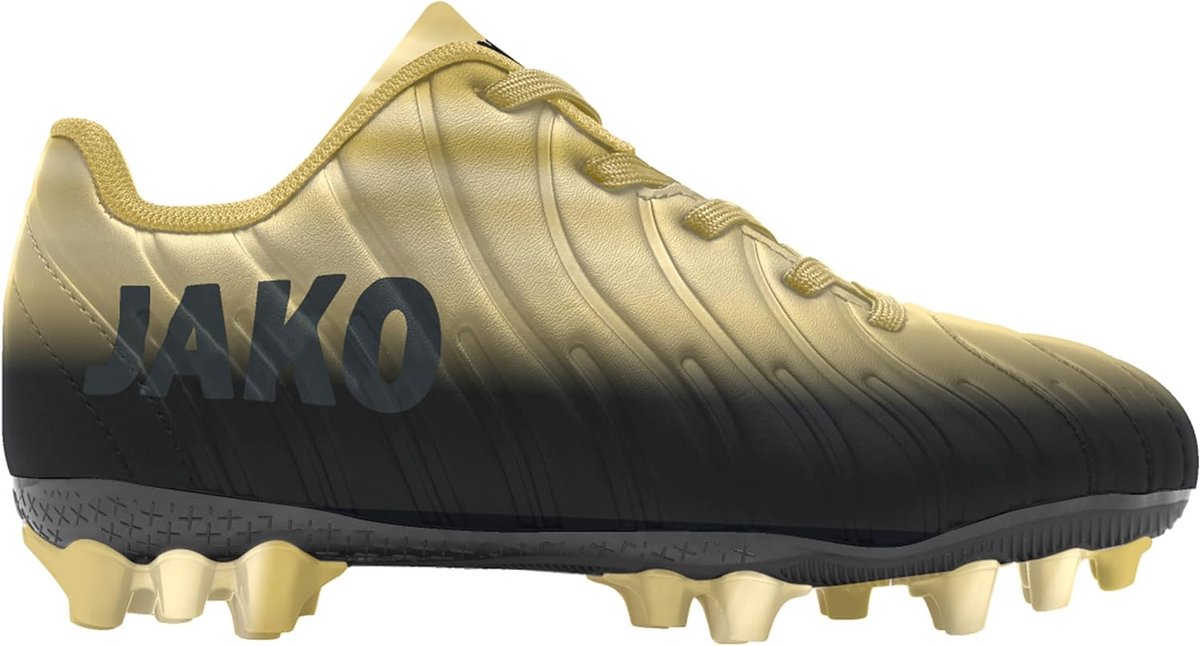 Kindervoetbalsneakers in zwart-goud met JAKO-logo, ontworpen voor comfort en ondersteuning op het veld.