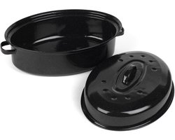 Vitreous Enamel Self Basting Roasting Tin - 36 cm Black - Dishwasher Safe - Oven Safe