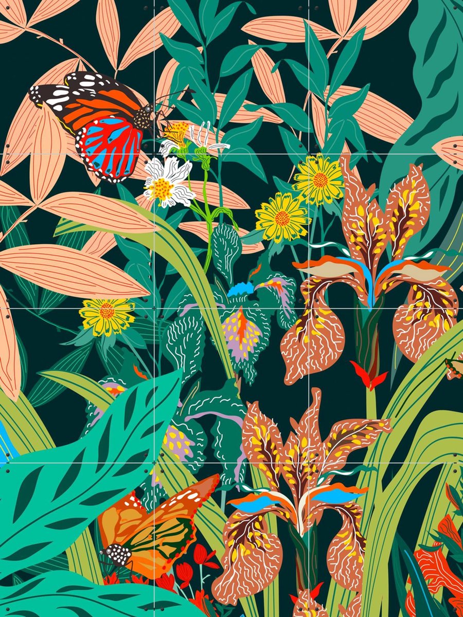 IXXI Butterfly Garden Petrol, Marylène Madou - 60 x 80 cm - Gratis ophangtool - Grote wanddecoratie en posters - Illustraties, Bloemen, Planten