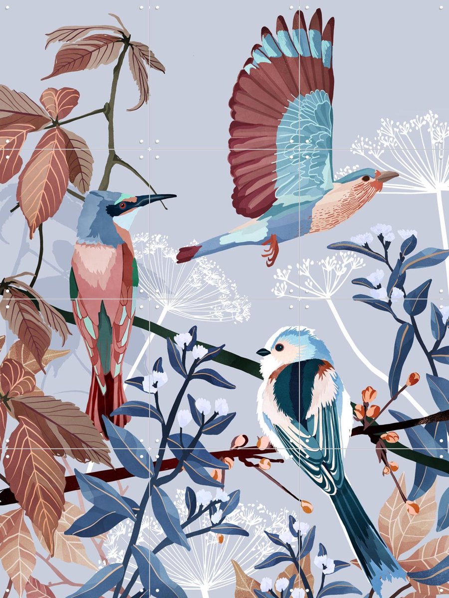 IXXI Birds of Winter, Goed Blauw - 60 x 80 cm - Gratis ophangtool - Grote wanddecoratie en posters - Illustraties, Botanisch, Natuur, Vogels