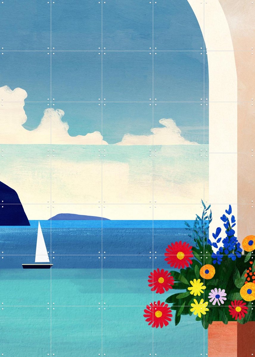 IXXI Greece, Boat and Flowers, Henry Rivers - 100 x 140 cm - Gratis ophangtool - Grote wanddecoratie en posters - Illustraties, Kleurrijk, Speels