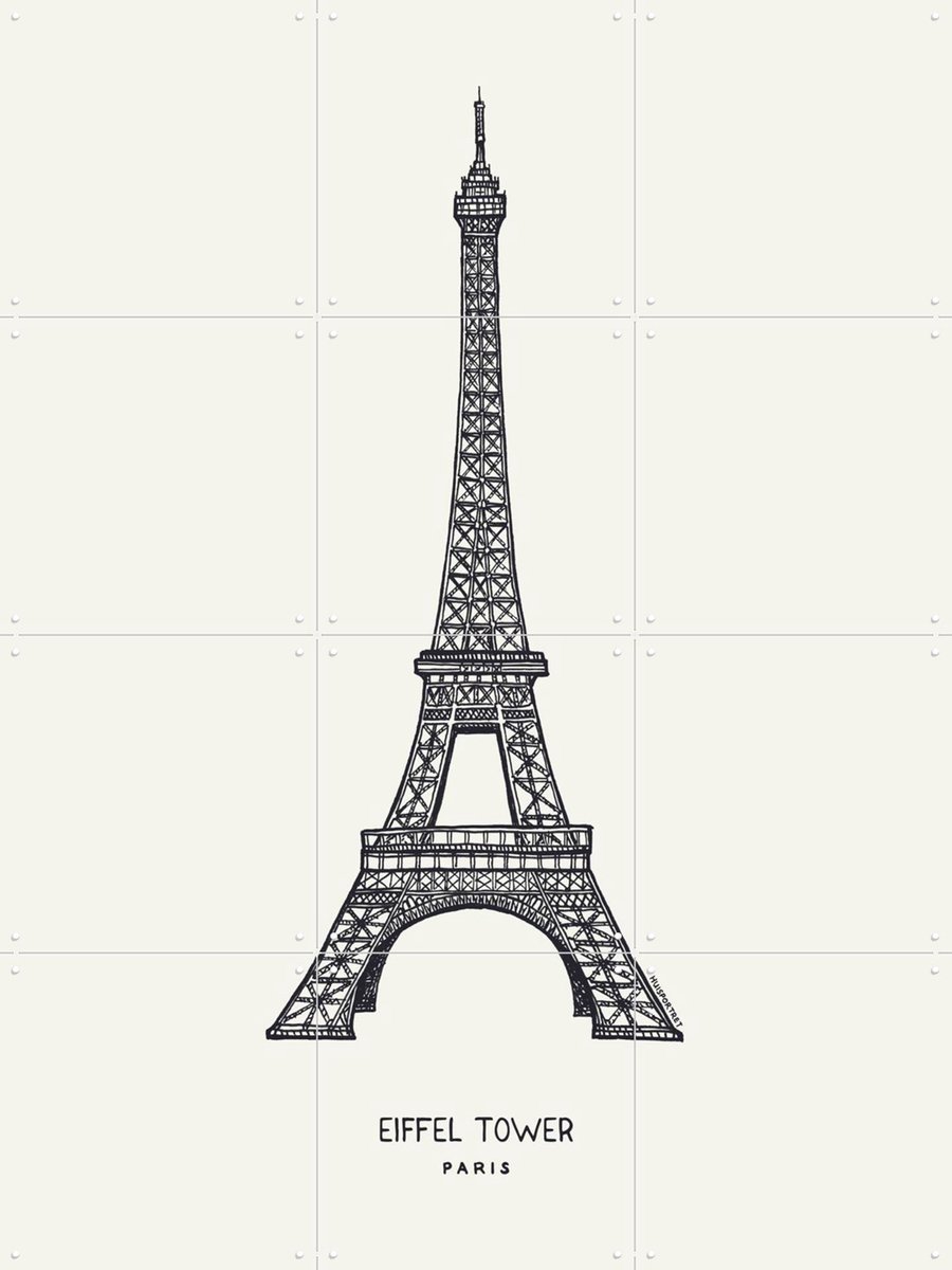 IXXI Eiffel Tower, Huisportret & Kunst in Kaart - 60 x 80 cm - Gratis ophangtool - Grote wanddecoratie en posters - Line art, Illustraties,