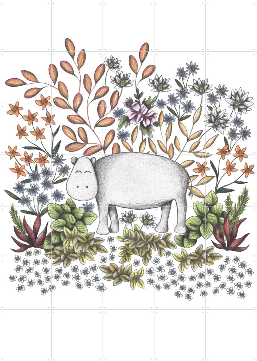 IXXI Safari Hippo, Cecilia Battaini - 100 x 140 cm - Gratis ophangtool - Grote wanddecoratie en posters - Illustraties, Speels, Fantasierijk