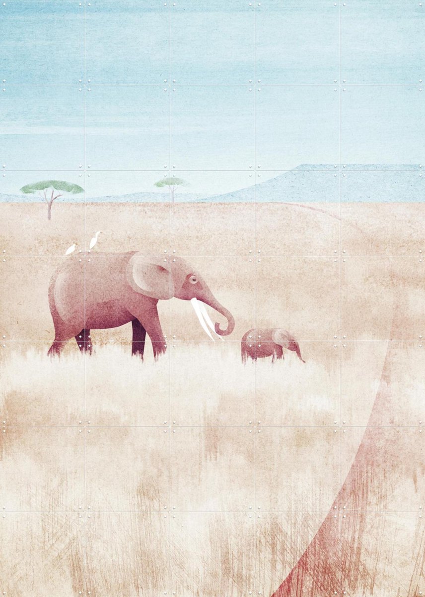 IXXI The Elephants, Henry Rivers - 100 x 140 cm - Gratis ophangtool - Grote wanddecoratie en posters - Aquarel, Illustraties, Minimalisme, Woonkamer