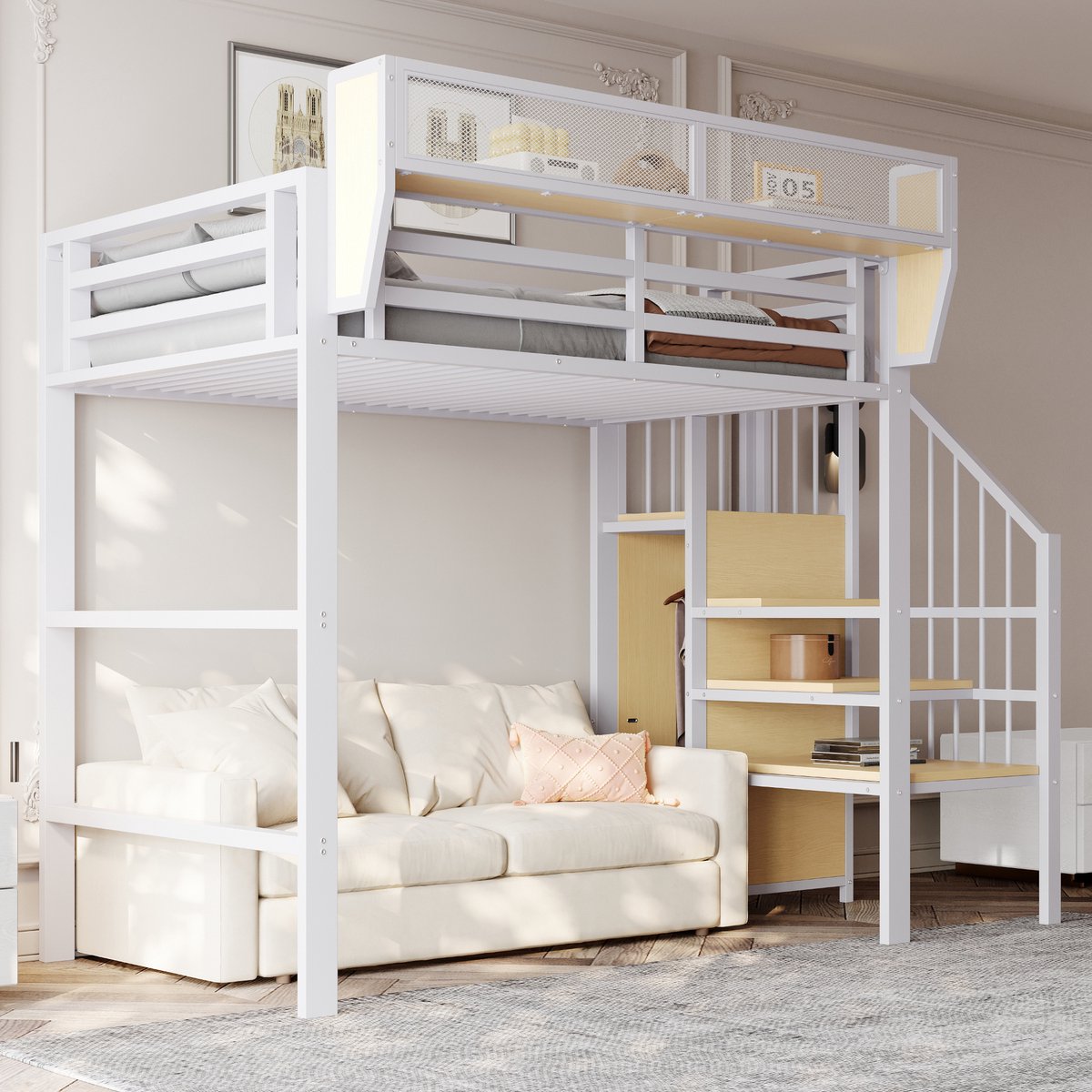 REDOM hoogslaper 90x200 cm – Metaal + MDF wit – Verstelbaar opbergvak, veiligheidsladder – 120 kg