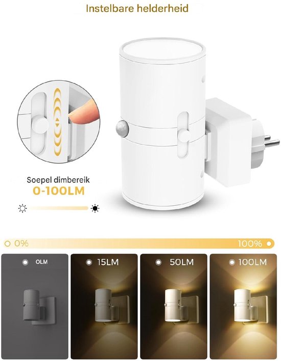 GELLDG Nachtlampje met bewegingssensor - Stekkerlamp - 3 standen (Aan/Automatisch/Uit) - Instelbare helderheid - Geschikt voor stopcontact - Ideaal voor gangen, keukens, badkamers, slaapkamers en trappenhuizen - Warm wit licht van GelldG — afbeelding 3