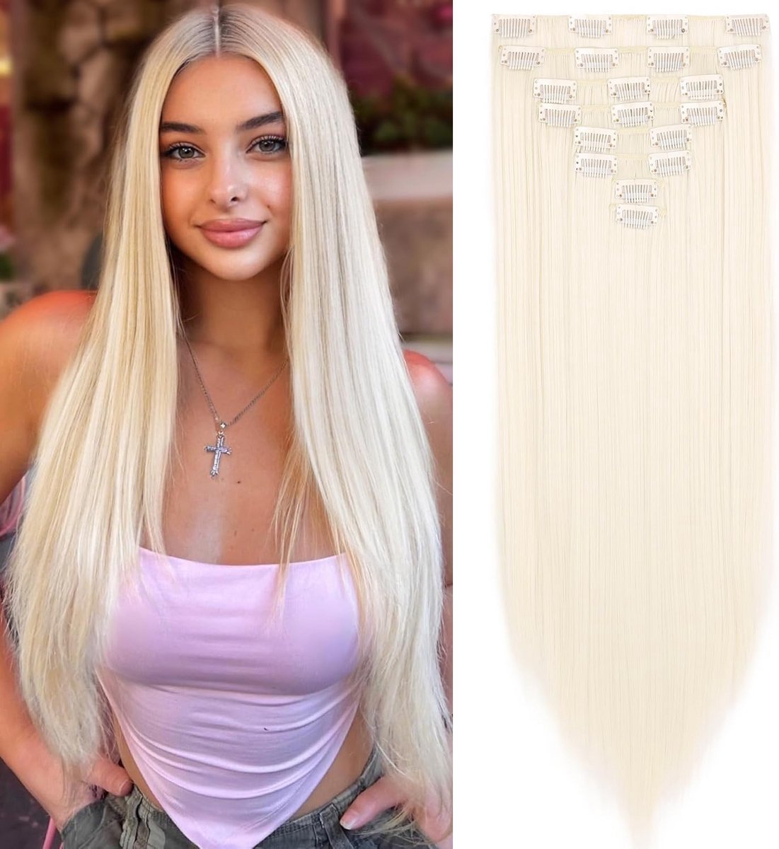 20 Inch Clip-in Haarverlenging in Recht Model Platinablond Synthetisch